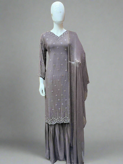 Gray Satin Silk Handwork Embroidery Palazo 3-Piece Set