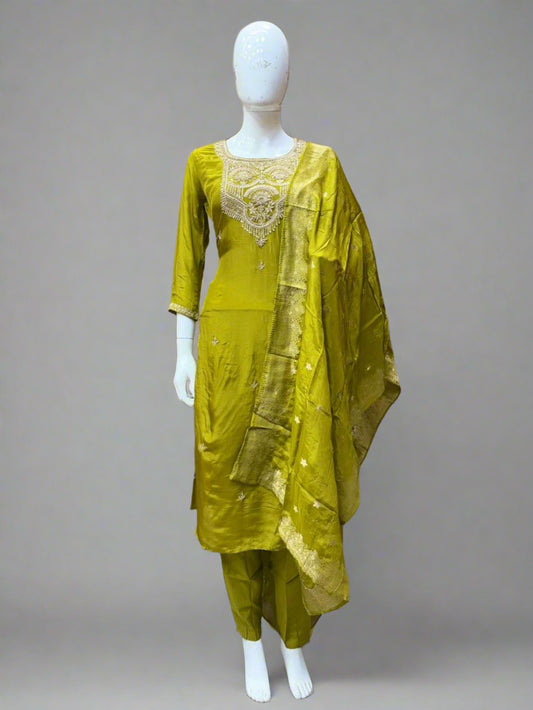 Lime Green Natural Crape Handwork Top Banaras Kurthi Set
