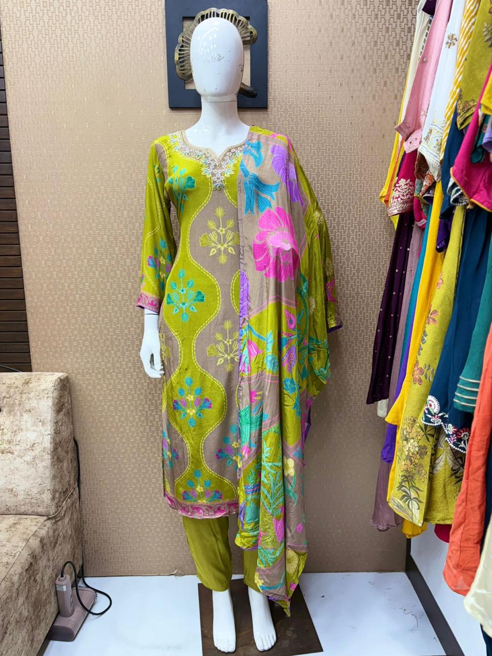 Pure Natural Crepe Digital Print Handwork Stitch Kurta Set