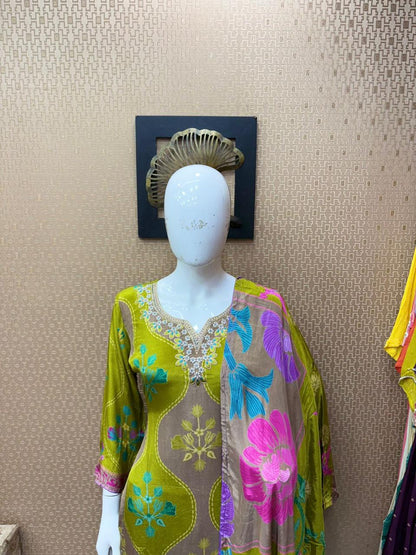 Pure Natural Crepe Digital Print Handwork Stitch Kurta Set