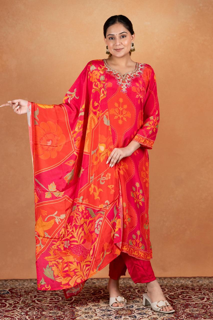 Pure Natural Crepe Digital Print Handwork Stitch Kurta Set