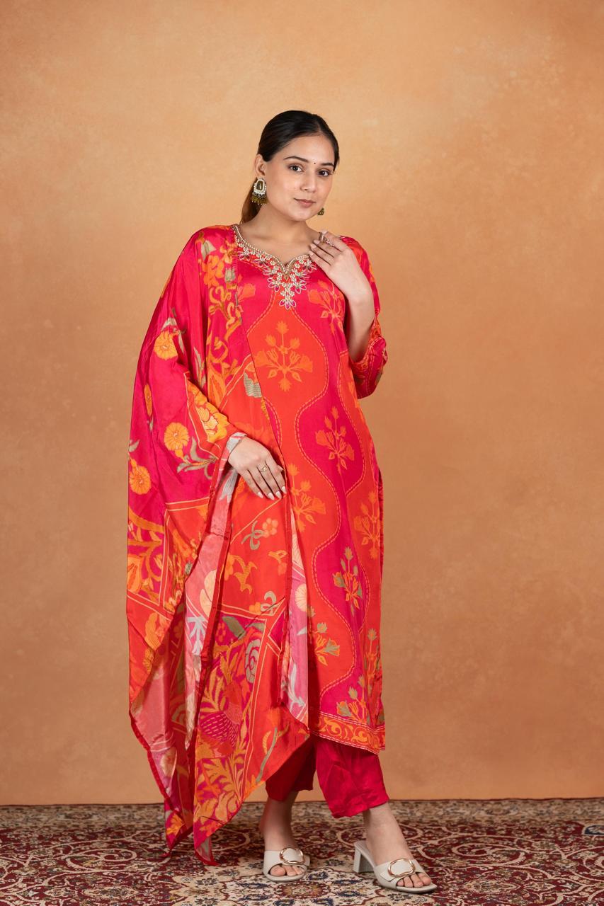 Pure Natural Crepe Digital Print Handwork Stitch Kurta Set