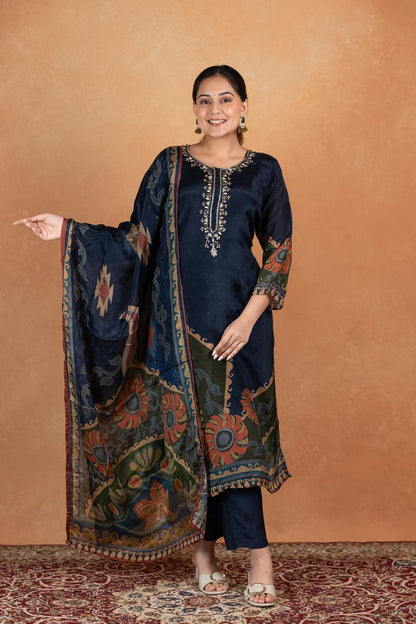 Pure Natural Crepe Digital Handwork Stitched Top with Cotton Liner, Digital Print Dupatta & Pure Santoon Stitched Pant