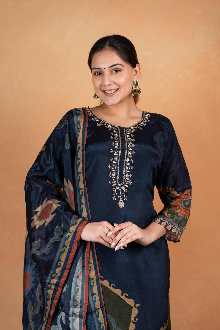 Pure Natural Crepe Digital Handwork Stitched Top with Cotton Liner, Digital Print Dupatta & Pure Santoon Stitched Pant