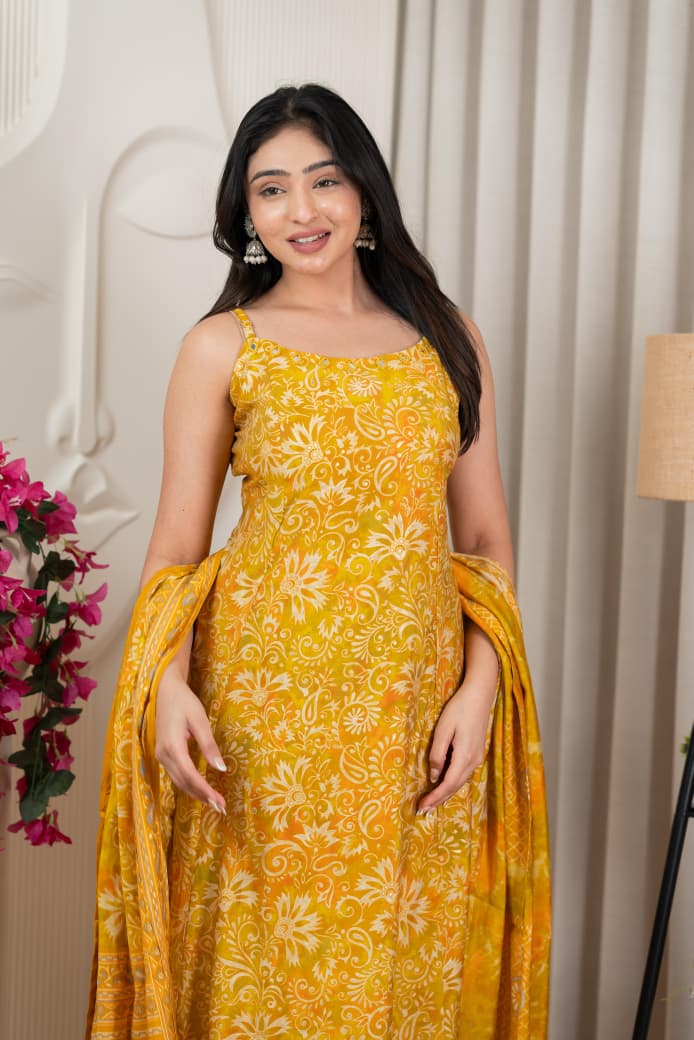 Pure Viscose Modal Silk Mirror Worked Spaghetti with Pant & Dupatta Set