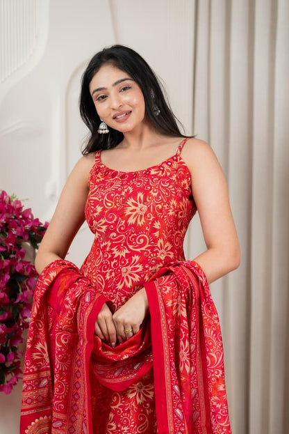 Pure Viscose Modal Silk Mirror Worked Spaghetti with Pant & Dupatta Set