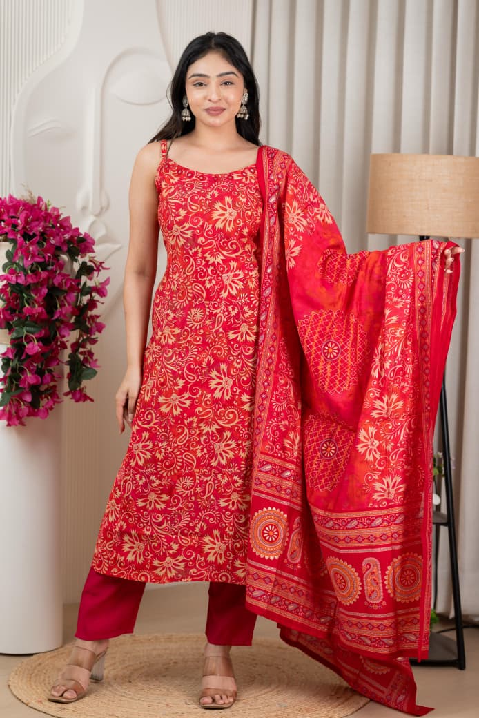 Pure Viscose Modal Silk Mirror Worked Spaghetti with Pant & Dupatta Set