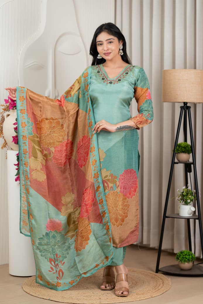 Blue Floral Pure Shimmer Tissue Silk Set with Santoon Bottom