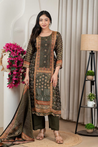Olive Green Floral Print Tissue Silk Kurta with Santoon Bottom & Dupatta – 3 Piece Set