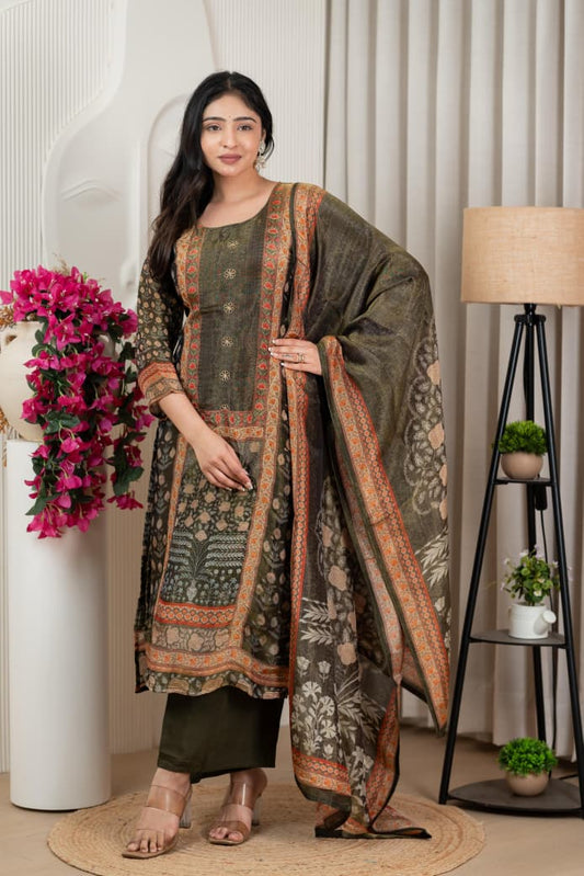 Olive Green Floral Print Tissue Silk Kurta with Santoon Bottom & Dupatta – 3 Piece Set
