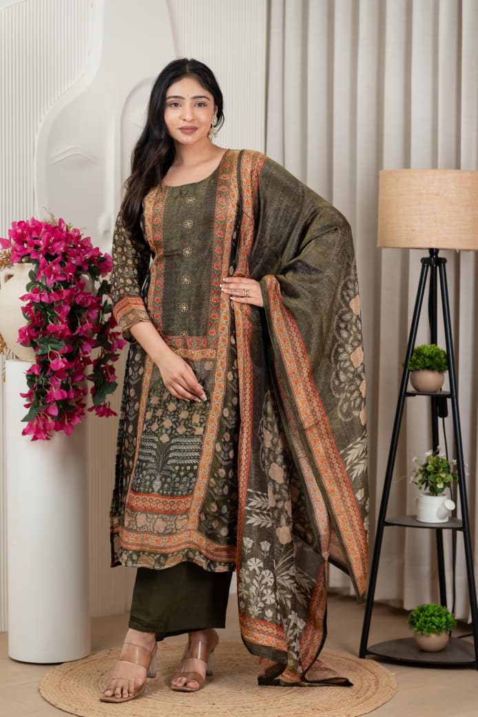Olive Green Floral Print Tissue Silk Kurta with Santoon Bottom & Dupatta – 3 Piece Set