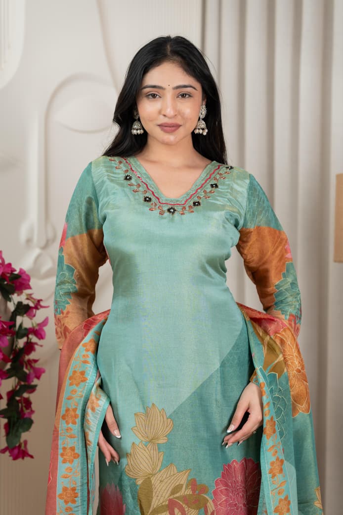 Blue Floral Pure Shimmer Tissue Silk Set with Santoon Bottom