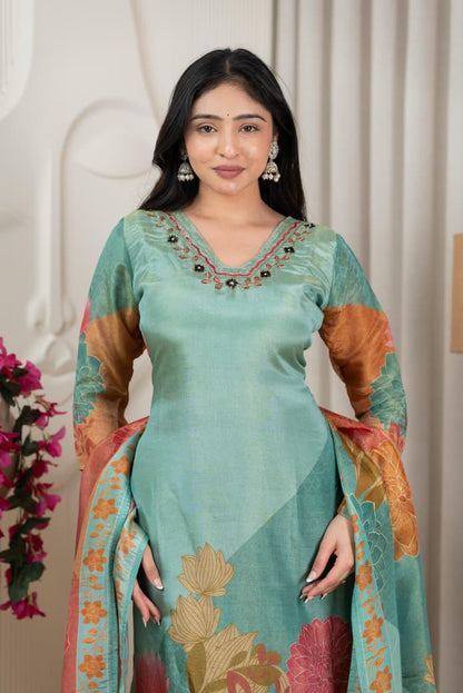 Blue Floral Pure Shimmer Tissue Silk Set with Santoon Bottom