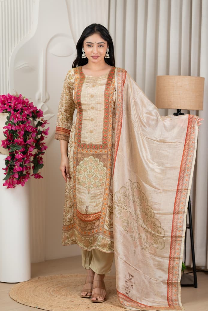 Premium Beige Tissue Silk Floral Kurta Set with Dupatta (3 Pc Ensemble)