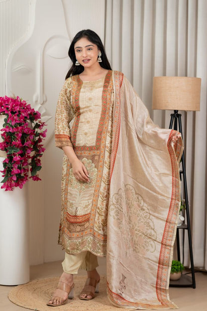 Premium Beige Tissue Silk Floral Kurta Set with Dupatta (3 Pc Ensemble)