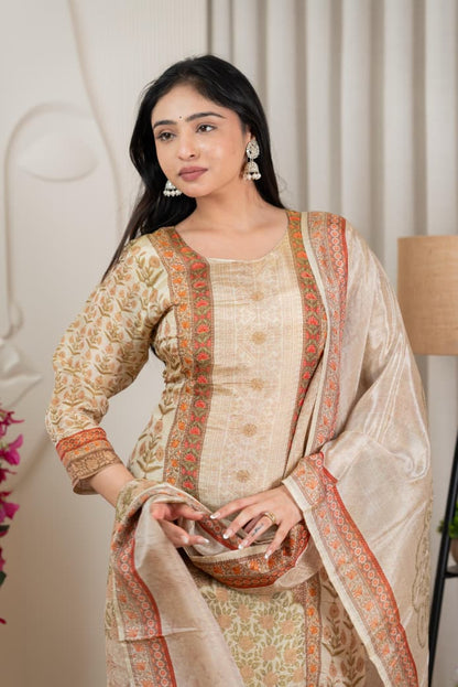 Premium Beige Tissue Silk Floral Kurta Set with Dupatta (3 Pc Ensemble)