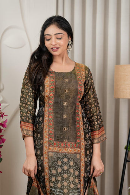 Olive Green Floral Print Tissue Silk Kurta with Santoon Bottom & Dupatta – 3 Piece Set