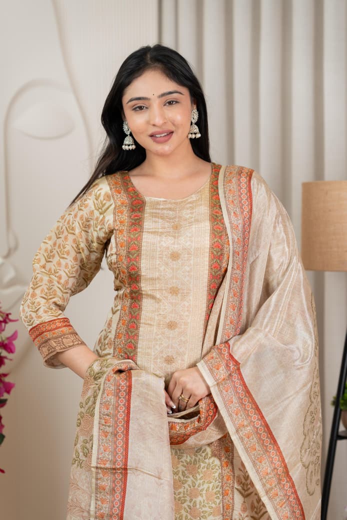 Premium Beige Tissue Silk Floral Kurta Set with Dupatta (3 Pc Ensemble)