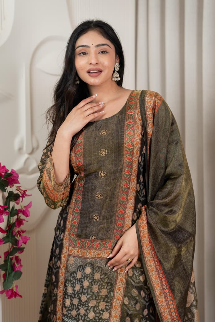 Olive Green Floral Print Tissue Silk Kurta with Santoon Bottom & Dupatta – 3 Piece Set