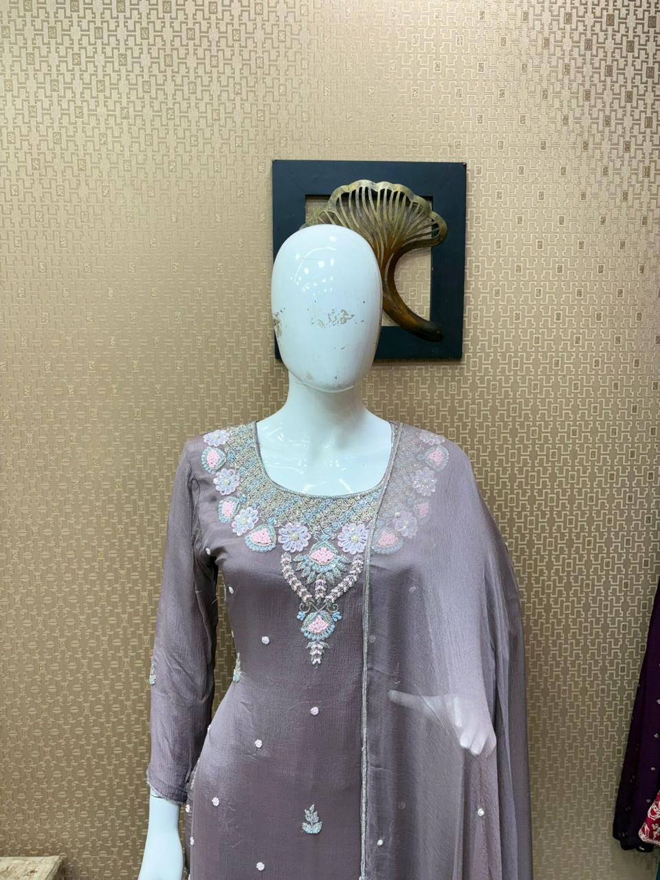 Purple 3 Piece Kurthi Set With Light Pink Embroidery