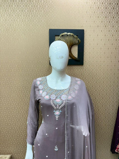Purple 3 Piece Kurthi Set With Light Pink Embroidery