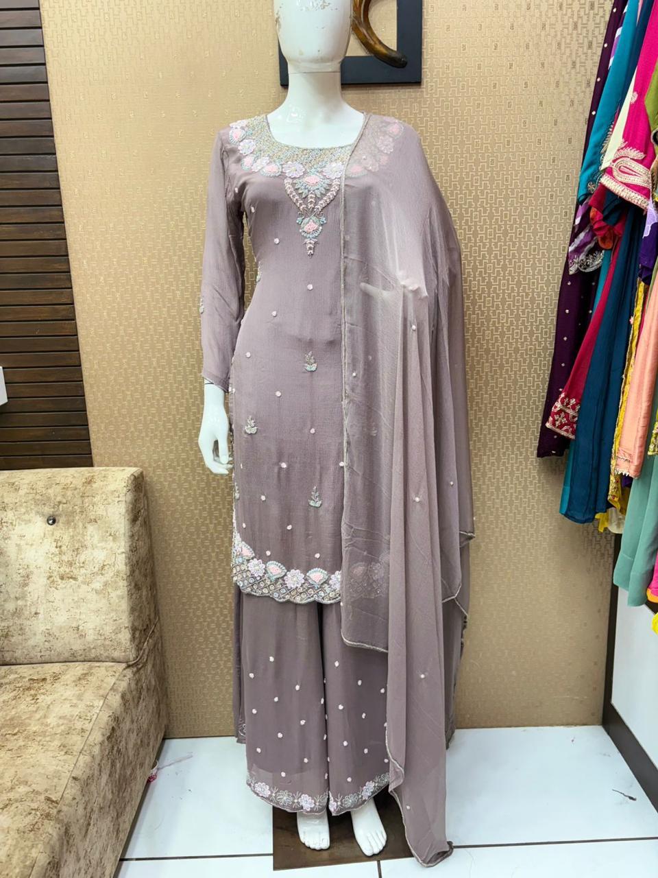 Purple 3 Piece Kurthi Set With Light Pink Embroidery