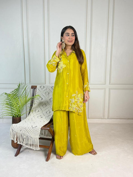 Premium Yellow Pure Viscose Chinon Hand-Embroidered Co-Ord Set with Plazo Pant