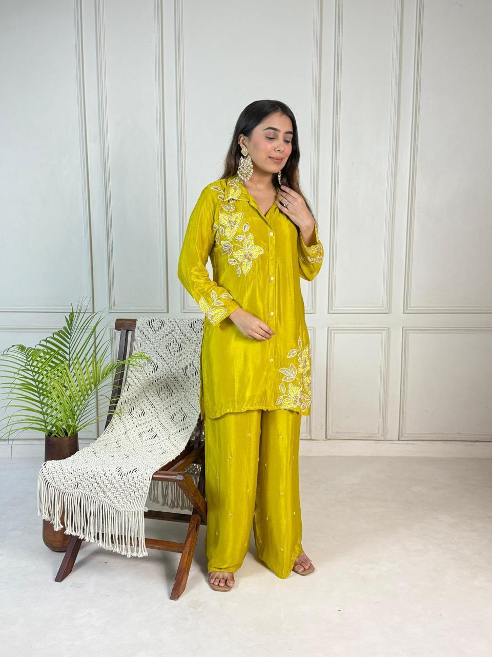 Premium Yellow Pure Viscose Chinon Hand-Embroidered Co-Ord Set with Plazo Pant