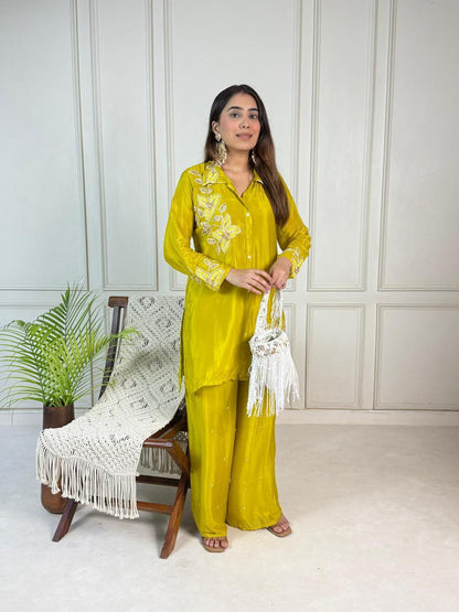 Premium Yellow Pure Viscose Chinon Hand-Embroidered Co-Ord Set with Plazo Pant