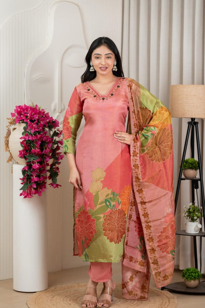 Peach Floral Pure Shimmer Tissue Silk Set with Santoon Bottom