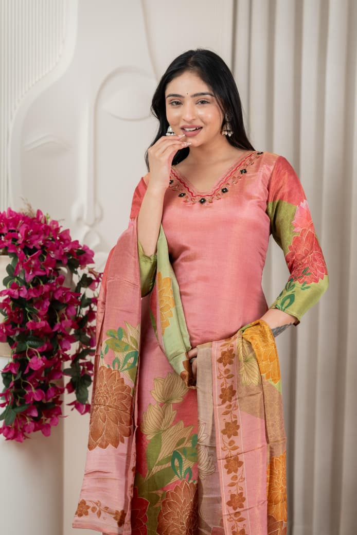 Peach Floral Pure Shimmer Tissue Silk Set with Santoon Bottom