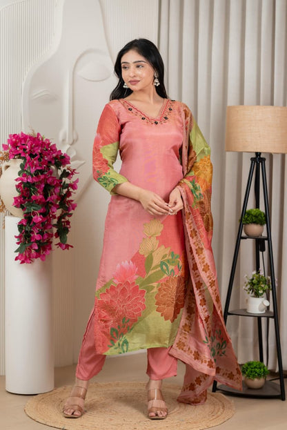 Peach Floral Pure Shimmer Tissue Silk Set with Santoon Bottom