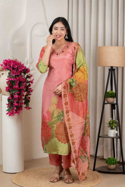 Peach Floral Pure Shimmer Tissue Silk Set with Santoon Bottom