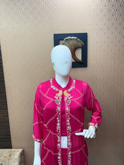 ERRA Embroidered Silk Top & Skirt With Shrug Co-Ords