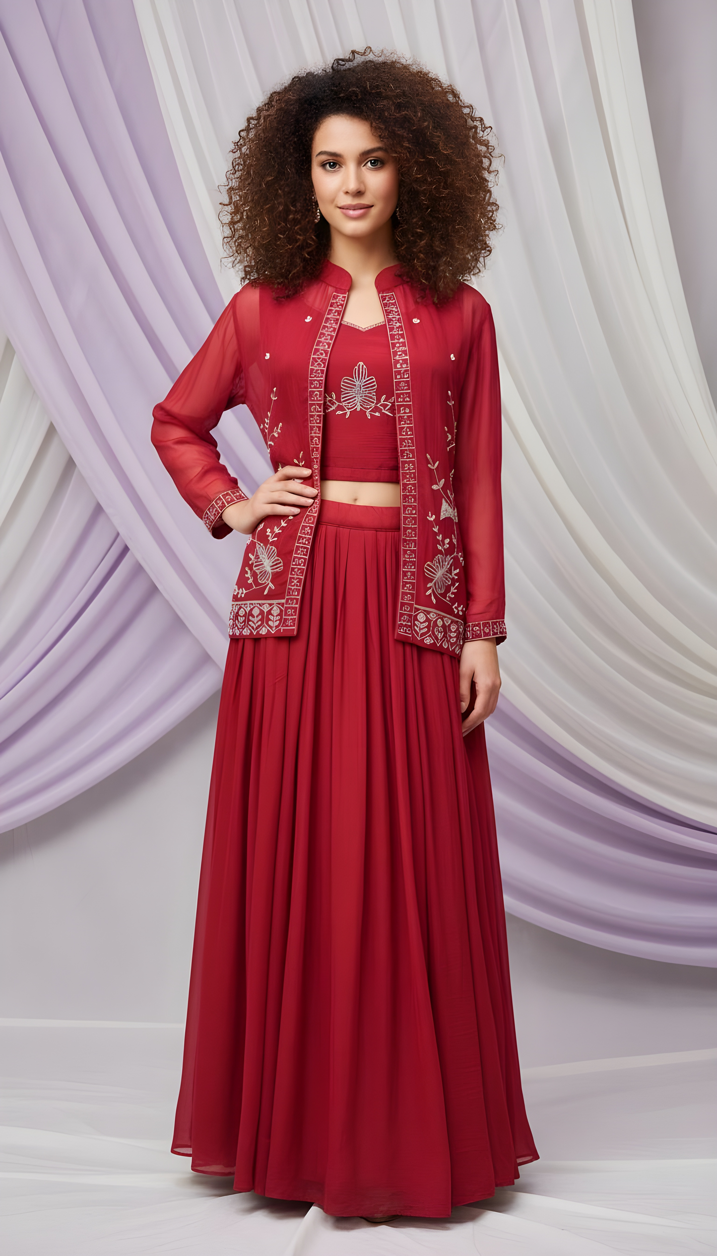 Woman wearing a red traditional outfit with intricate designs against a white and purple draped background