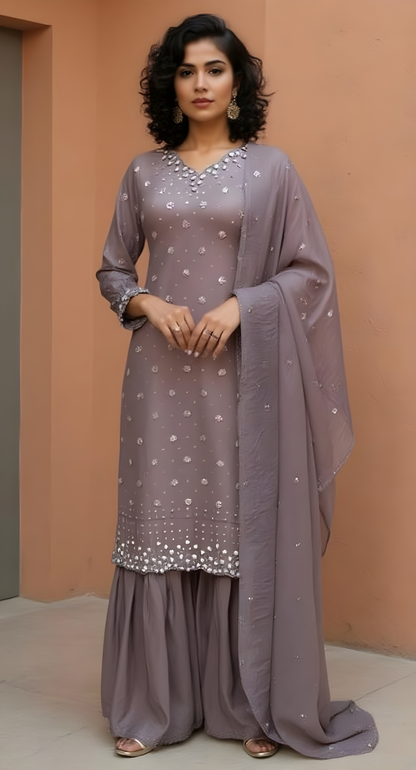 Gray Satin Silk Handwork Embroidery Palazo 3-Piece Set