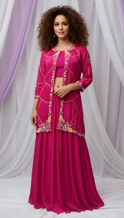 ERRA Embroidered Silk Top & Skirt With Shrug Co-Ords