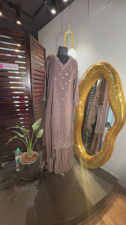 Gray Satin Silk Handwork Embroidery Palazo 3-Piece Set