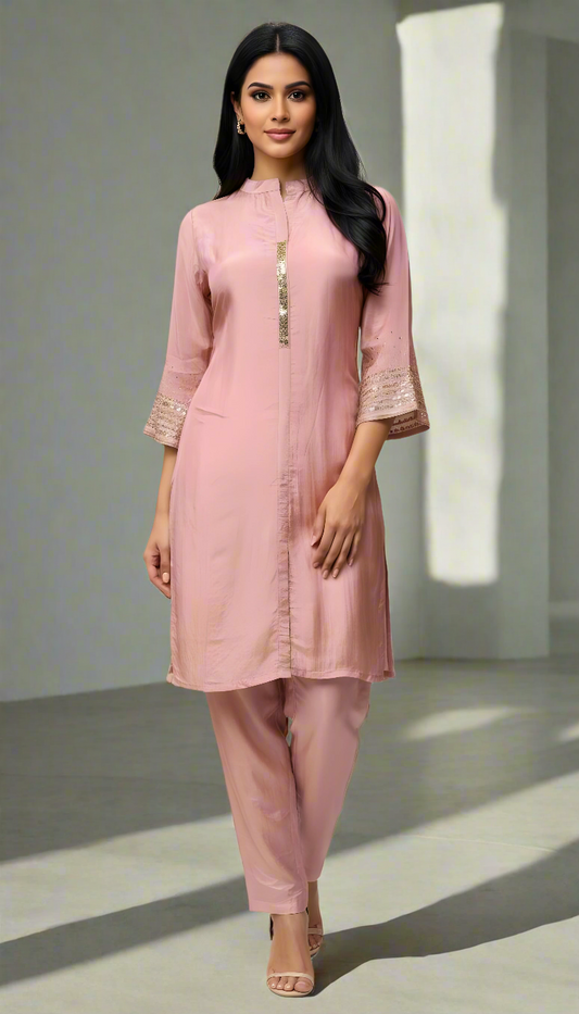 Woman wearing a pink kurta with pants on a white background