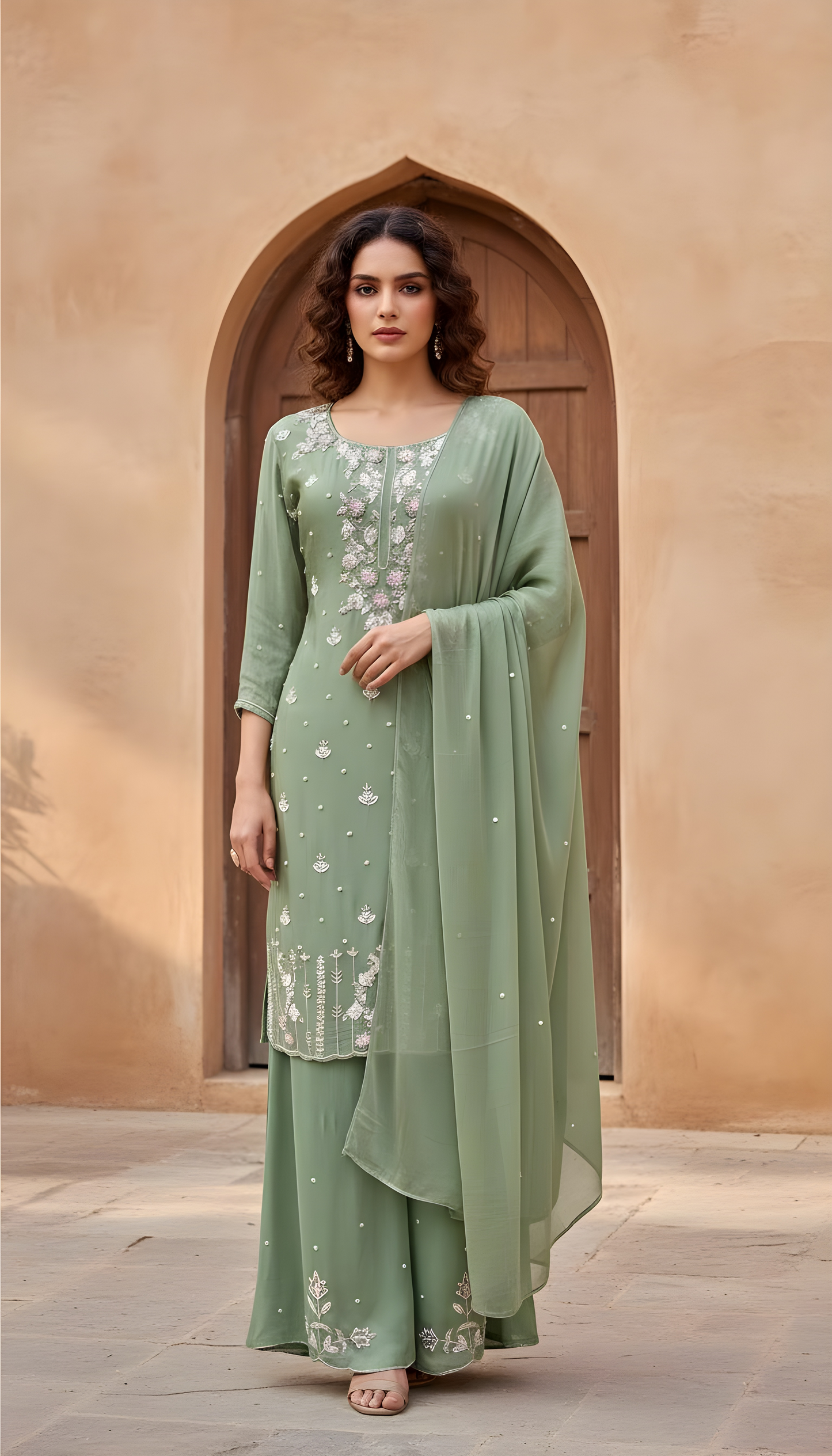 Green Satin silk embrodiery Premium 3 piece set