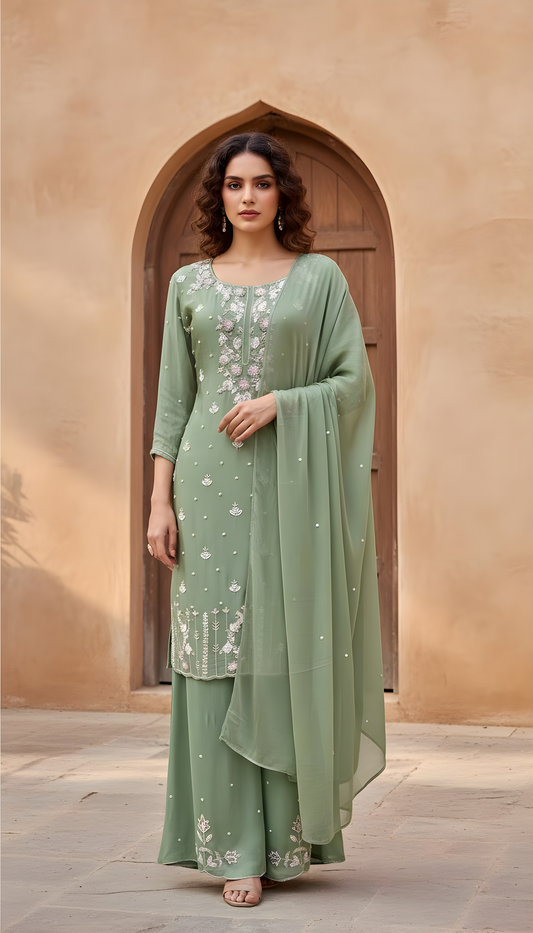 Green Satin silk embrodiery Premium 3 piece set