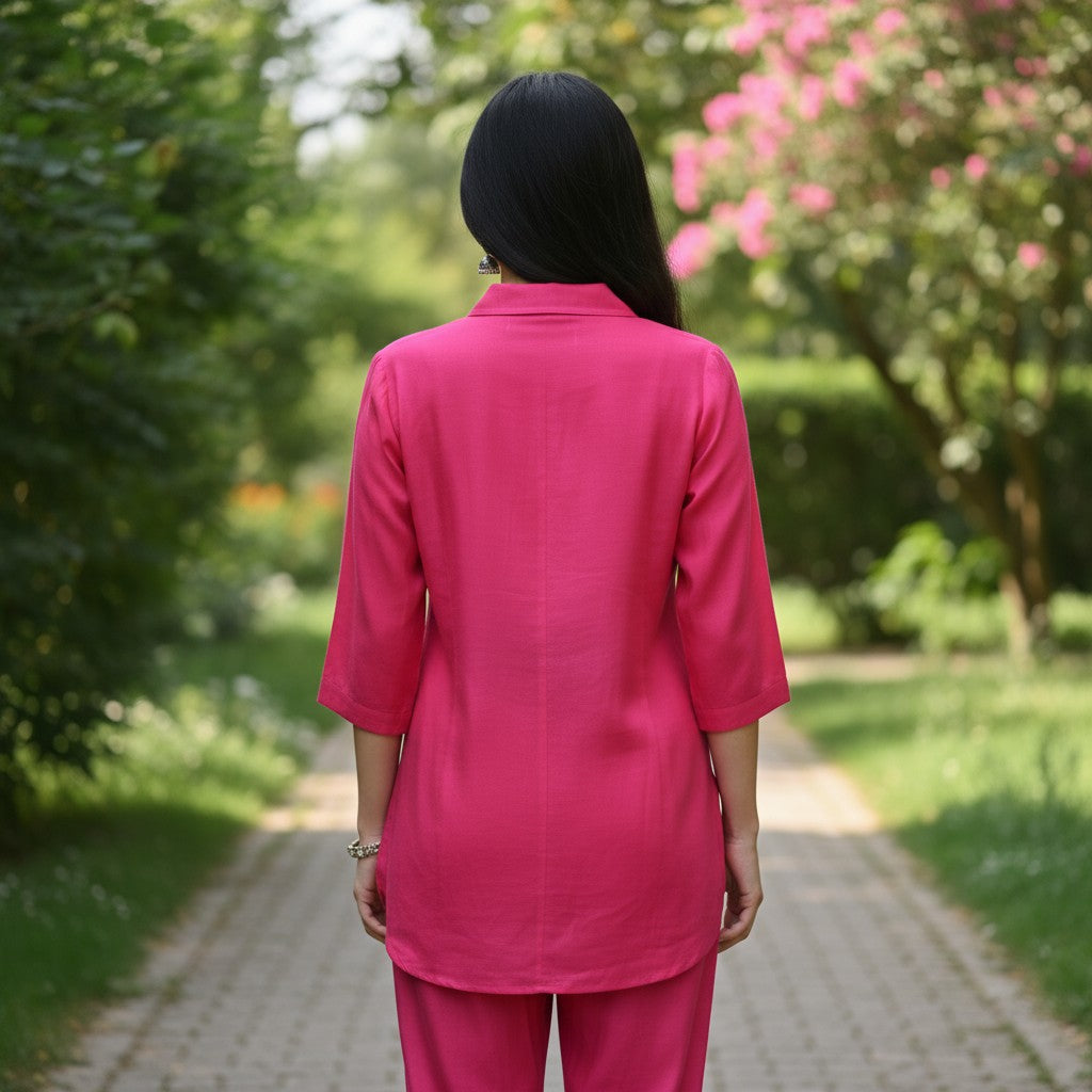 Hot Pink Embroidered Silk Premium Co-Ord Set