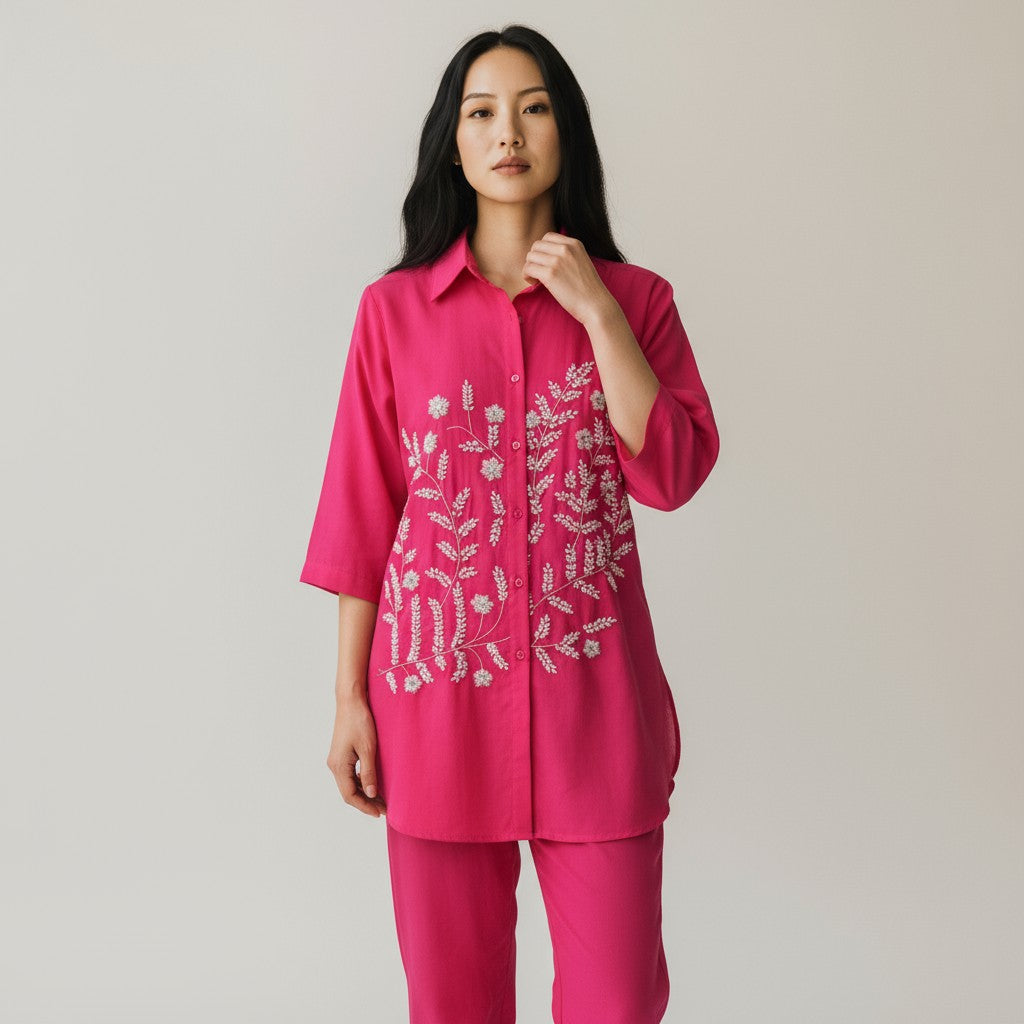 Hot Pink Embroidered Silk Premium Co-Ord Set