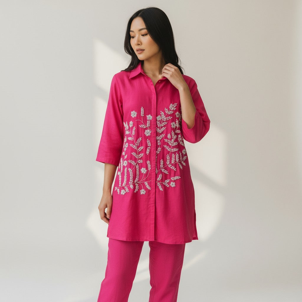 Hot Pink Embroidered Silk Premium Co-Ord Set