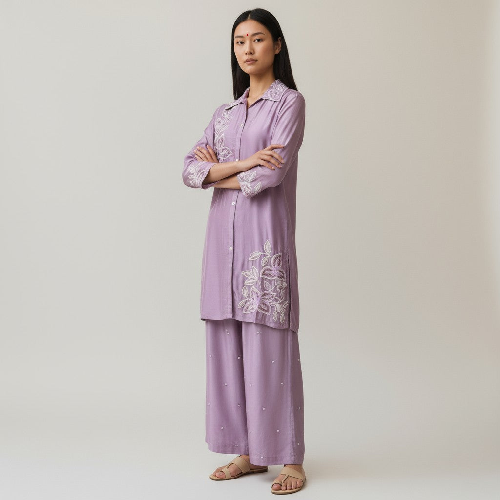 Premium Purple Pure Viscose Chinon Hand-Embroidered Co-Ord Set