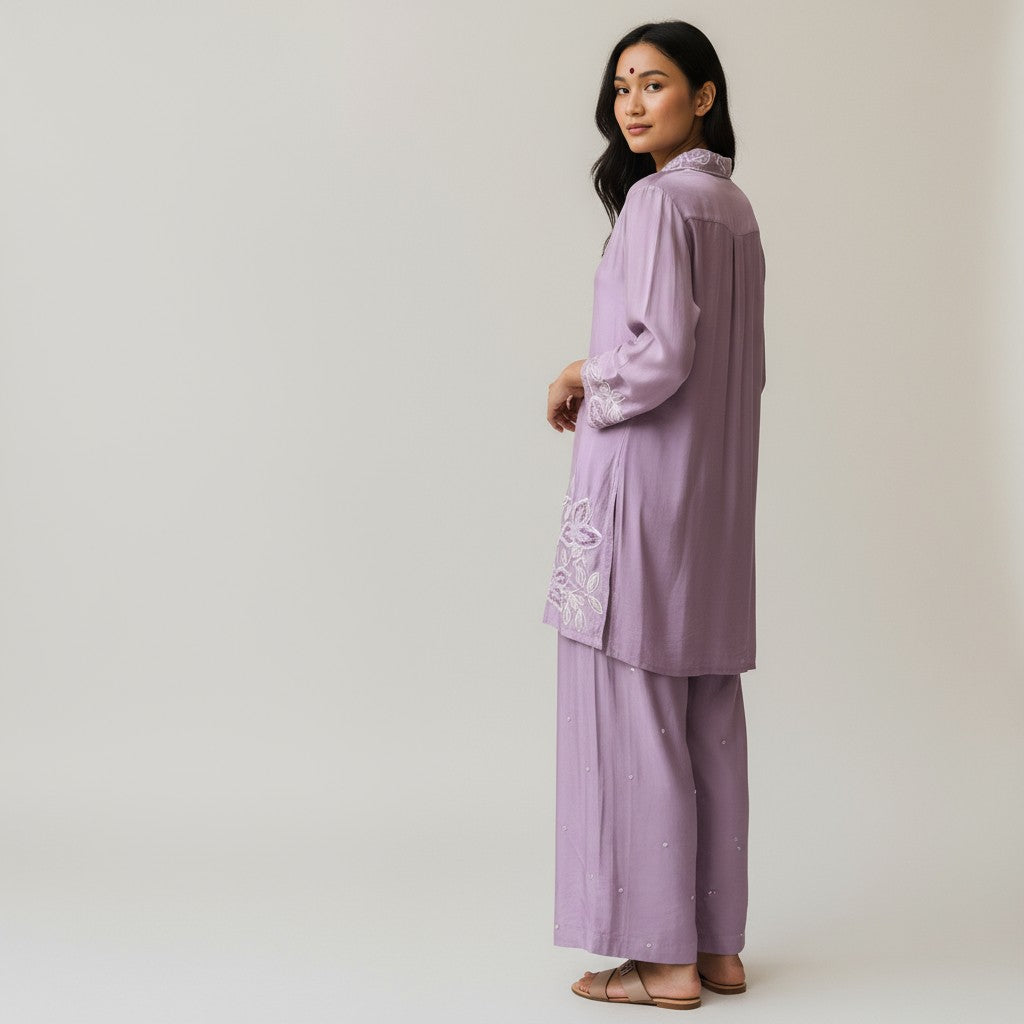Premium Purple Pure Viscose Chinon Hand-Embroidered Co-Ord Set