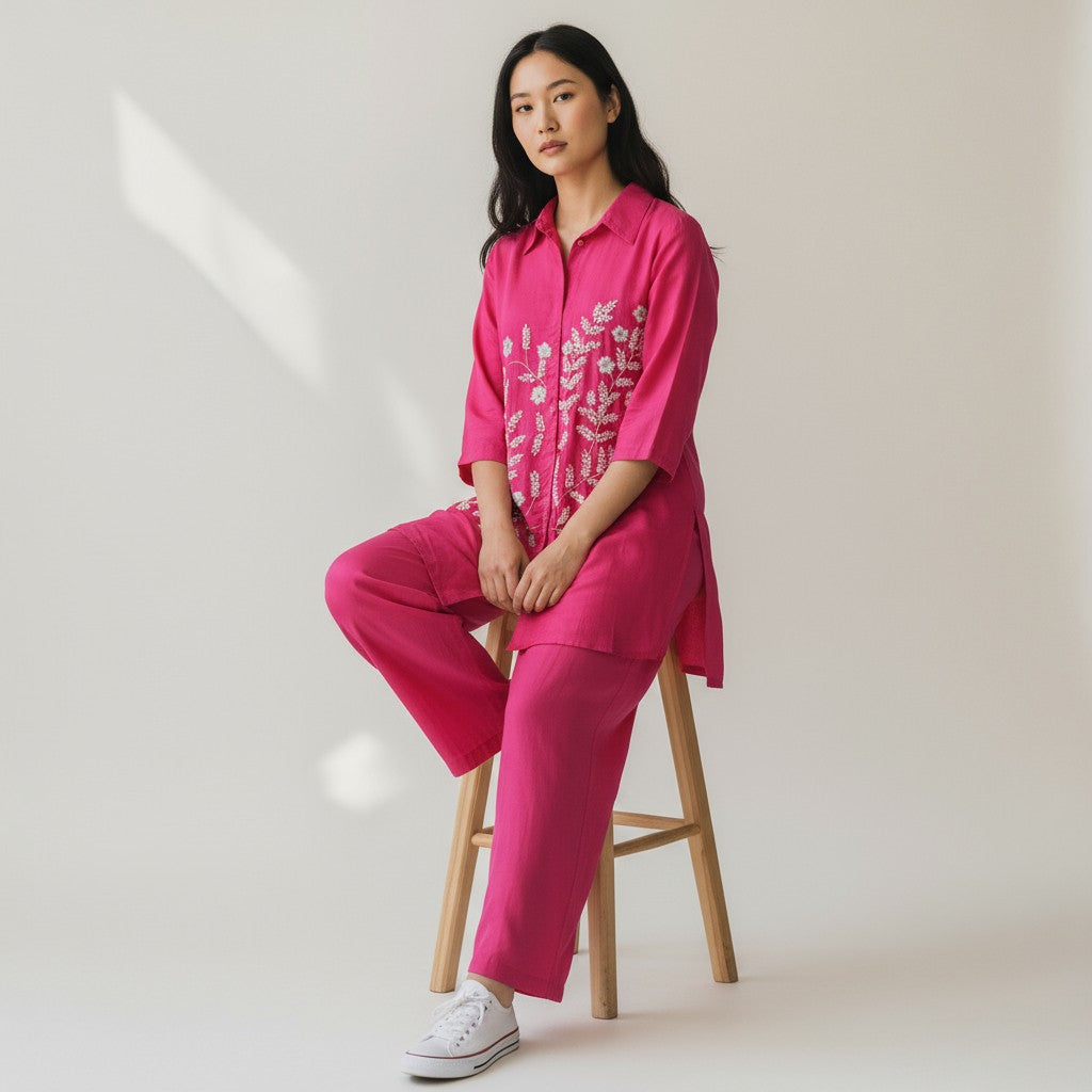 Hot Pink Embroidered Silk Premium Co-Ord Set